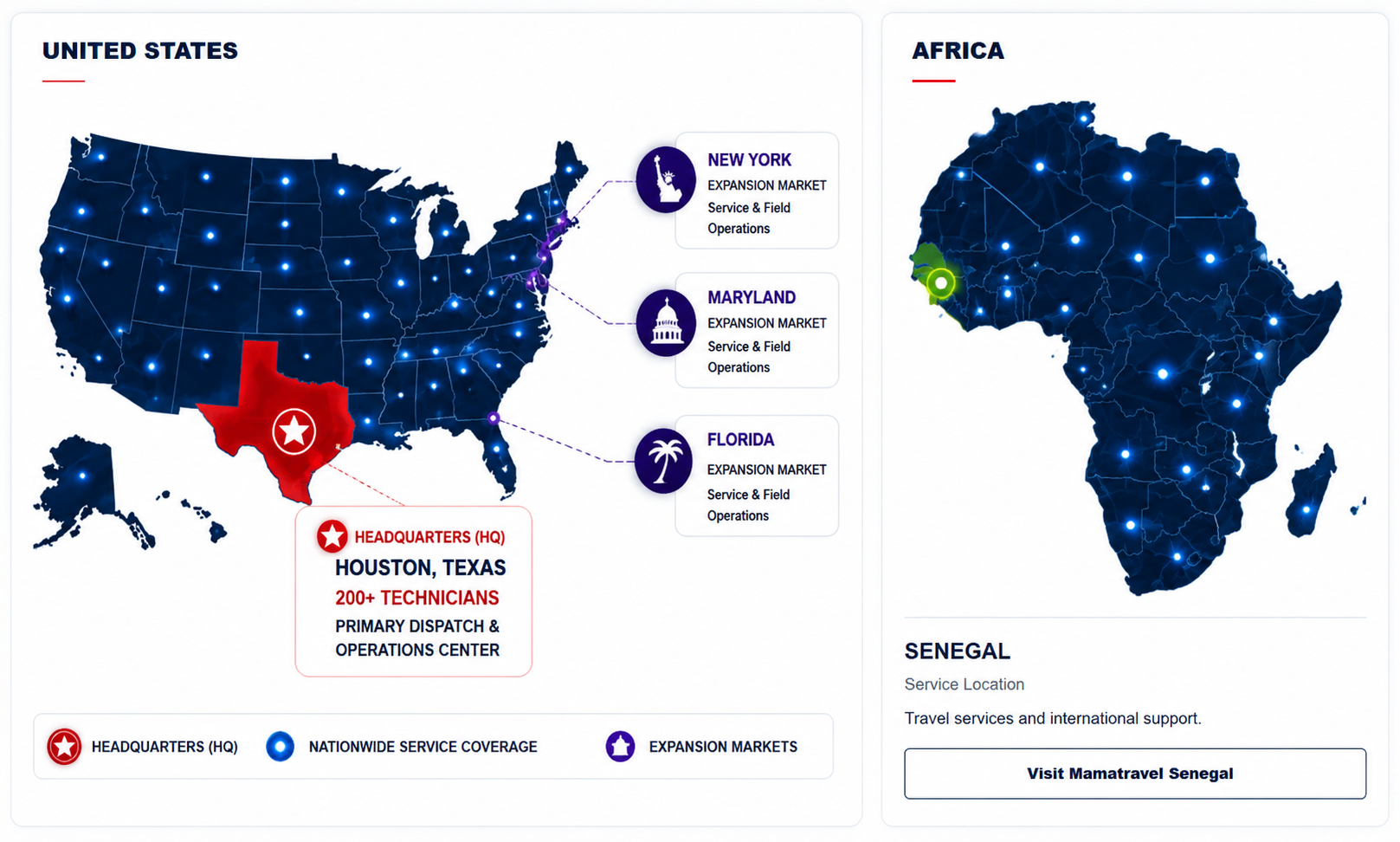 M.U.S service locations: nationwide United States coverage with Houston headquarters and expansion markets, plus Senegal service location in Africa